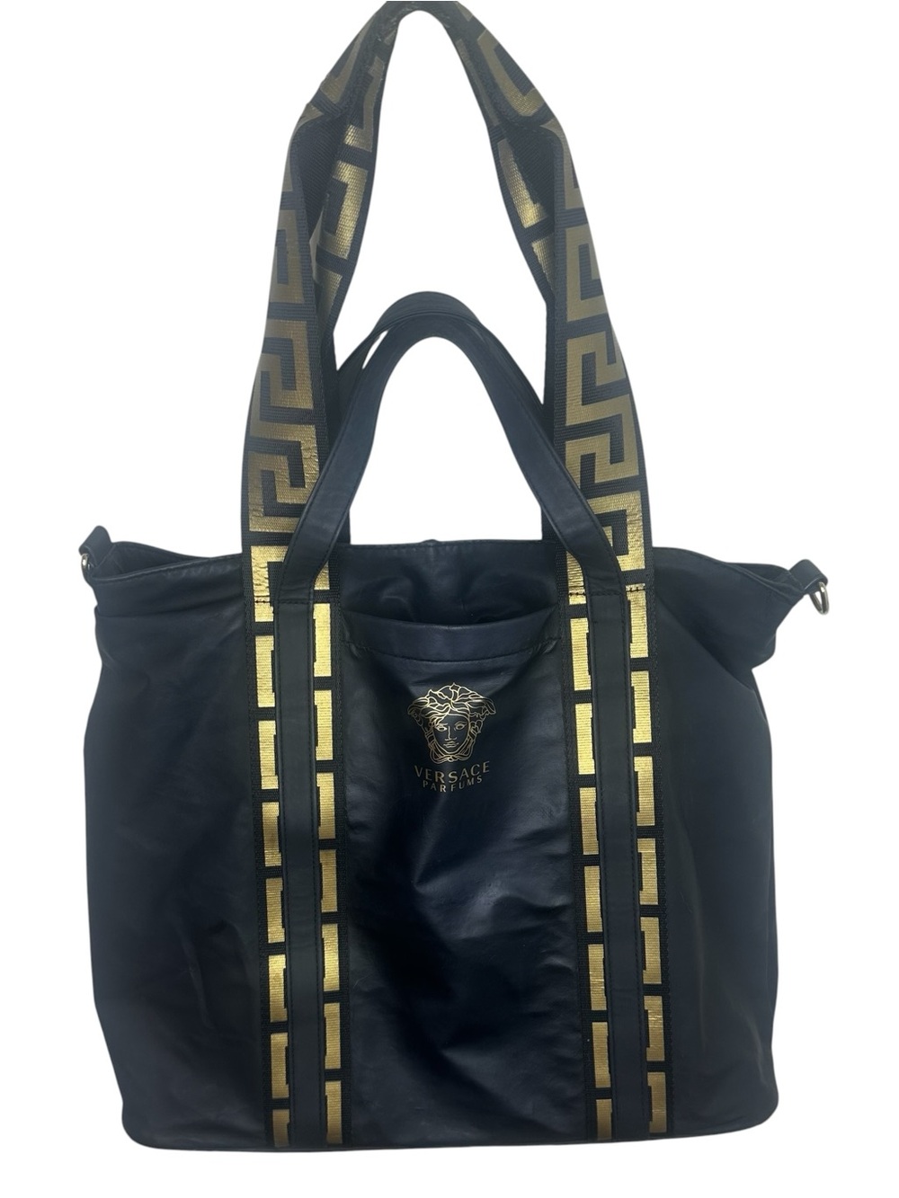 Versace Black and Gold Leather Tote with Medusa Logo